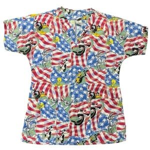 Looney Tunes Patriotic American Flag Scrub Top Size XS